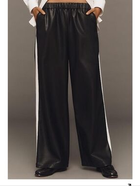 Maeve Black Wide-Leg Faux Leather Pants with White Side Stripes NWT